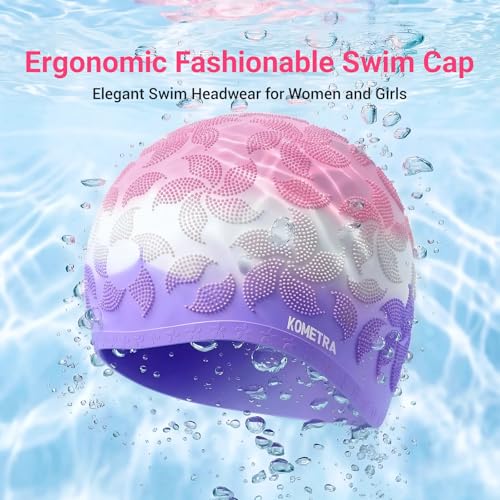 Women Swim Cap 2 Pack for Long Hair, Silicone Flower Adult Swimming Caps Waterproof for Girl Youth No Wet Hair - color: Pink & Purple