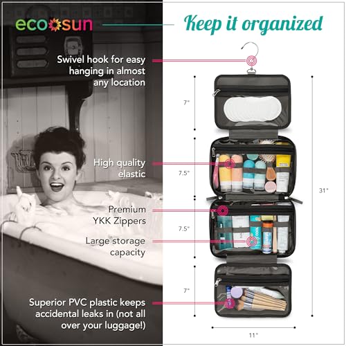Eco Sun Hanging Travel Toiletry Bag — Designed in Hawaii — Water-resistant Travel Organizer for Bathroom Accessories (Grey) - color: Grey