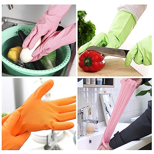 Alimat PluS 3 Colors Rubber Dishwashing Gloves Without Liner, Reusable Cleaning Gloves Latex Free, Waterproof Household Cleaning Gloves for Laundry, Gardening(Large) - color: Pink+green+orange, size: Large (Pack of 3)