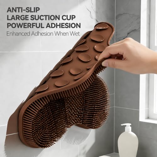 OZNER Silicone Shower Foot Scrubber Mat,Back Washer Bath Wash Pad Exfoliating & Massage, Wall Mounted Slip Strong Suction Cups for Use in Cleaner Men and Women (Brown) - color: Brown