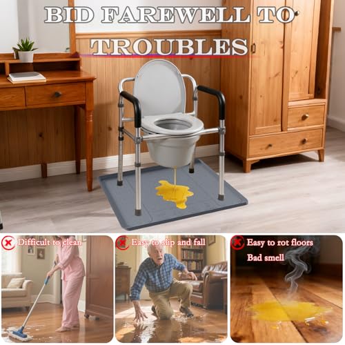 Bedside Commodes Mat, 27''×27'' Bedside Toilet Floor Mat with Raised Edge, Silicone Non-Slip Protective Mat for Under Commode Chair, Toilet Pad Waterproof Floor Protector for Floor Leak Protector