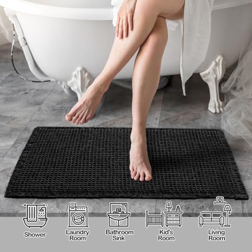 ZALL Waffle Bath Mat Black Super Absorbent Non Slip Bathroom Rug,Rhombus Geometric 24x48inch,Machine Washable Ultra Soft Floor Mats - color: Black, size: 24 x 48 inches(Rectangular)