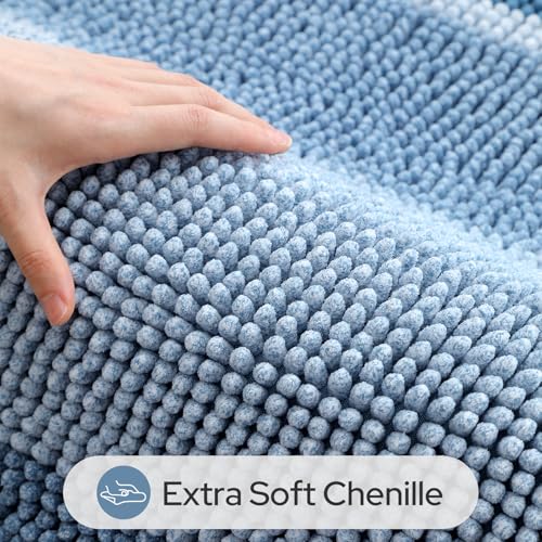 HOMEIDEAS Blue Bathroom Rugs Set, 2 Piece Thick Absorbent Fluffy Striped Chenille Bath Rugs, Non Slip, Soft Shaggy Bath Mats for Blue Bathroom Decor, 20" x 32" Plus 17" x 24" - color: Blue
