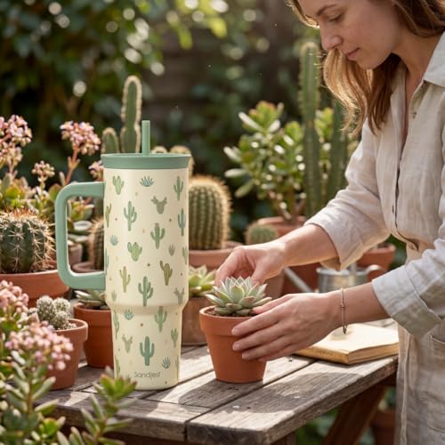 SANDJEST Cactus Stainless Steel Locking Lid Silicone Straw Tumbler with Handle 40oz, Insulated Stainless Steel Travel Cup for Women Girls Friends, Gift Idea for Birthday Christmas - color: Cactus