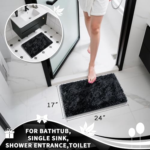 Yimobra Chenille Bathroom Rugs Non Slip, Extra Thick Soft Absorbent Bath Rug, Machine Washable Quick Dry Bath Mat for Bathroom Floor, Tub and Shower, Home Decor Accessories, 24x17, Black - color: Black, size: 24" X 17"