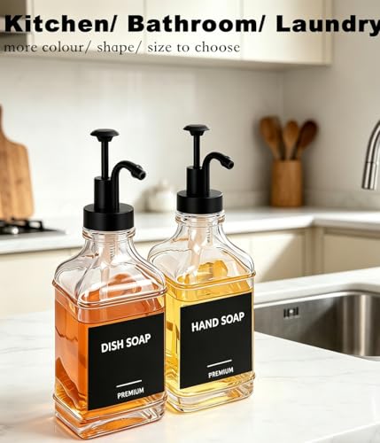 Dish Soap Dispenser for Kitchen, Hand Glass Soap Dispenser Set with Pump, Funnel for Bathroom, Shower, Laundry, Liquid, Lotion (Black 2 Pack 18 Oz Clear Bottles with 12 Stickers) - color: Black Square, size: 18Oz