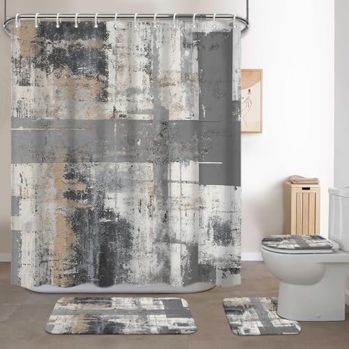 Lnond 4Pcs Bathroom Shower Curtain Sets with Rugs,Black and Grey Painting Art Bathroom Sets with Shower Curtain and Rugs and Accessories - color: Black Grey Brown Abstract