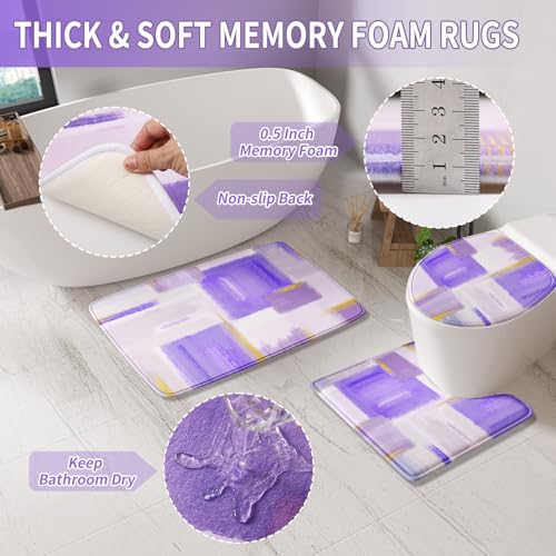 XLHOMO Bathroom Accessories Set - 25PC Bathroom Set with Shower Curtain and Rugs, Purple Bathroom Set, Bathroom Accessory Set with Press-on Lid Trash Can, Soap Dispenser and Qtip Holders - color: Purple & Gold, size: Plaid Complete Set + Bath Rugs