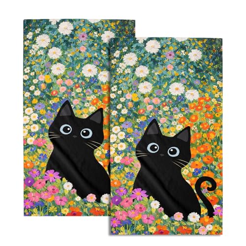 Floral Black Cat Hand Towels of Bathroom Absorbent 14.4x28.3 Inch | Colorful Daisy，Polyester Cotton，Soft，Breathable，Skin-Friendly，for Spring Summer Holiday Kitchen Hotel Swimming Gym Spa Decor - color: Spring Floral