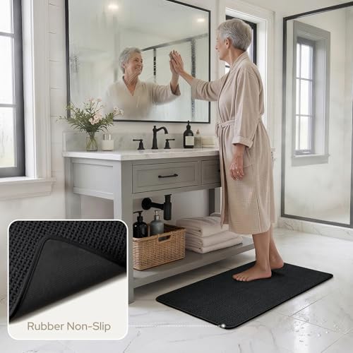 HOMEIDEAS Bathroom Rugs Set 2 Piece, Ultra Thin Non-Slip Bath Mats Rubber Backed, Chenille Absorbent Quick Dry Mats for Shower & Vanity, Low Profile Fits Under Door (Black, 32"x20"+24"x17") - color: Black