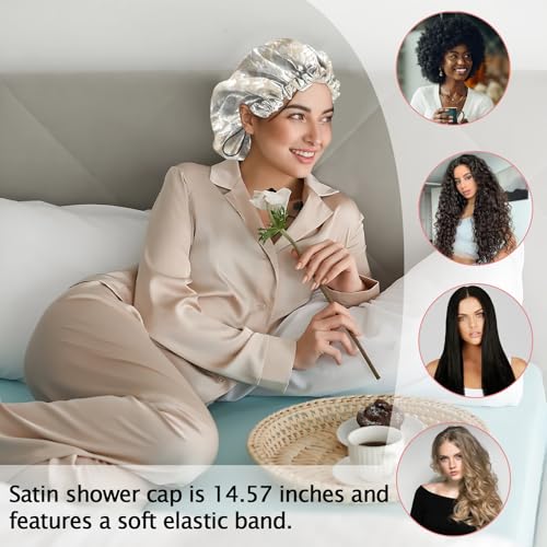 Luxury Shower Cap Satin Silk Lined Adjustable Elastic Reusable Waterproof Shower Bath Cap Cute for Women Girls-Golden Sunflower - color: AK12-Golden Sunflower