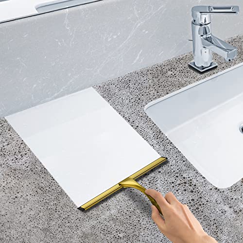 All-Purpose Stainless Steel Shower Squeegee for Shower Doors with 2 Adhesive Hooks, Bathroom Cleaner Tool Household Window Mirror Squeegee for Home Cleaning, Glass Door, Tile Wall, Car, 12 Inch Golden - color: Golden, size: 12 Inch