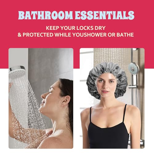 Luxury Shower Cap Satin Lined Reusable Waterproof Double Layer Elastic Adjustable Hair Bath Cap Cute Aesthetic Women Girls-Black Flower - color: F19-Black Flower