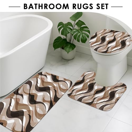 Brown Shower Curtain Set with Toilet Lid Cover and Non-Slip Rugs for Bathroom, Geometric Lines Ombre 4 Pcs Shower Curtain, Simple Abstract Modern Bathroom Set with 12 Hooks - color: Geometric Lines Brown