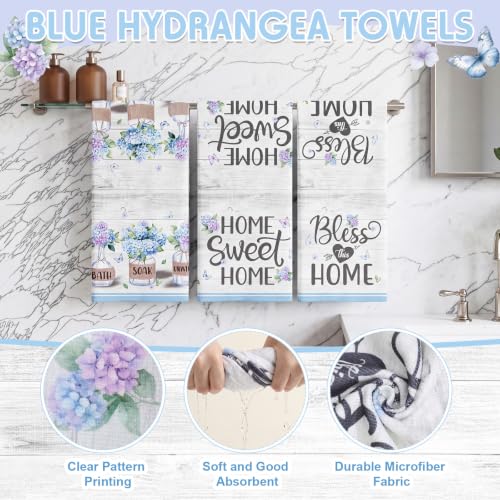 Haull 7 Pcs Blue Hydrangea Shower Curtain Sets Home Sweet Home Bathroom Set with Shower Curtain and Non Slip Rugs Toilet Lid Cover Bath Mat Floral Towels for Farmhouse Country Summer Bathroom Decor - style: Blue Hydrangea