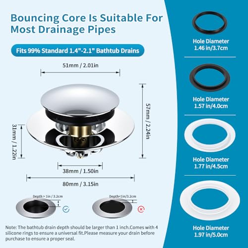 Universal Pop-Up Bathtub Stopper with Clog-Proof Strainer, Bath Drain Plug (Fits 1.4-1.6 Inch Drains)