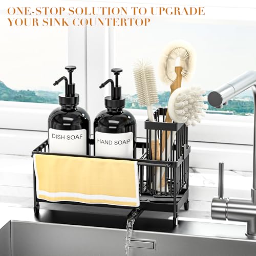 Kitchen Soap Dispenser Set with Sponge Holder and Towel Rack, 17OZ Glass Bottle, Hand and Dish Soap Dispenser Set, Non-Slip Silicone Pad, Brush Holder, Kitchen Sink Caddy Organizer Countertop (Black) - color: Black