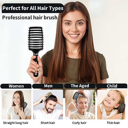 Boar Bristle Hair Brush Set of 2, HIPPIH Wet & Dry Hair Brushes Made by Fine Natural Boar Hair Can Adds Shine and Smoothing, Detangling Hairbrush for Women, Men & Kids' Long Curly Thick Hair - color: Black & Gold