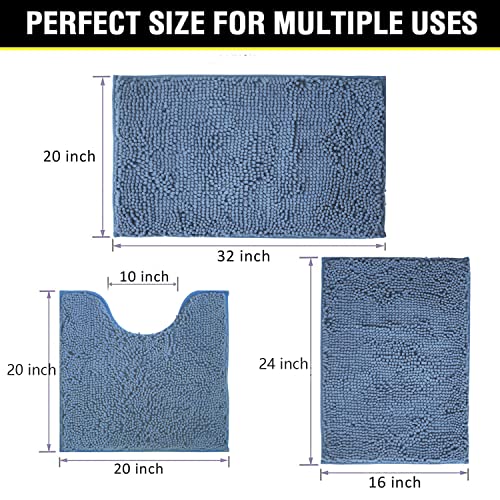 Bathroom Rugs Chenille 3-Piece Extra Soft and Absorbent Shag Bathroom Rugs, Machine Wash Mat, Strong PVC Non-Slip Underside, Plush Carpet Mats (Deep Blue) - color: Deep Blue, size: 2'8" x 1'8" (16x24"+20x32"+20x20"U shape）