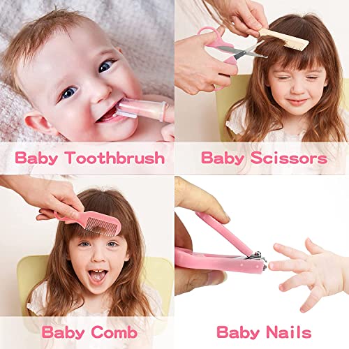 Baby Grooming Kit, Infant Safety Care Set with Hair Brush Comb Nail Clipper Nasal Aspirator,Baby Essentials Kit for Newborn Girls Boys (Pink Baby Grooming kit) - style: Pink Kit+Pink Brush