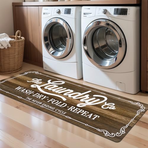 Pauwer Laundry Room Rug Runner 20"x60" Waterproof Rubber Laundry Mat Non Slip Kitchen Mats for Floor Washable Floor Mat Runner Rug for Farmhouse Mudroom Washroom Bathroom Decor - color: Brown, size: 1'8" x 5'