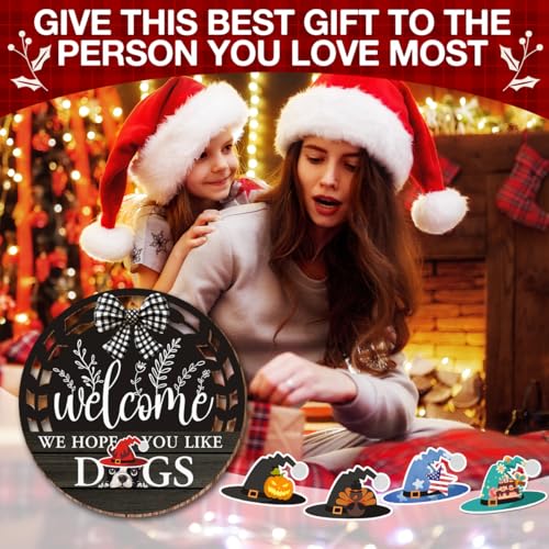 Interchangeable Seasonal Welcome Hanging Sign - Farmhouse Front Door Decoration for Holidays - Rustic Round Wood Wreaths with 12 Icons – Welcome Dog Lover(Black) - color: dogsblack