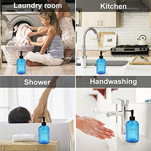 Pack of 2 Glass Soap Dispenser with Black Pump, 400 ml Refillable Pump Dispenser for Kitchen, Bathroom, Order, Laundry Room, Liquid Glass Bottle for Washing Up Liquid, Shampoo, Conditioner (Blue) - color: Blue