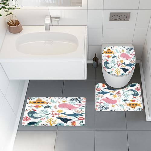 4 PCS Kids Shower Curtain Set 72Wx72H Kid Toddler Bathroom Set Summer Ocean Fish Cute Whale Funny Underwater Bath Rug Toilet Lid Cover U Shape Mat Accessories 12 Hooks Bathroom Decors - color: A 01ocean, size: 72"W x 72"L (Pack of 4)