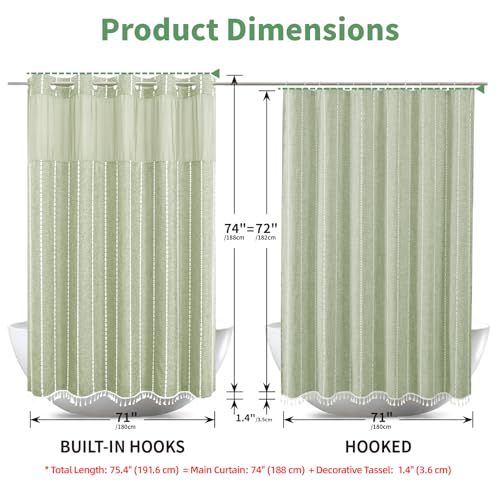 eachope Sage Green Farmhouse No Hook Shower Curtain Set with Snap-in Fabric Liner,Boho Heavy-Duty Linen Textured Rustic Striped Design,Water-Repellent with Tassels and Sheer Window,71x74 - color: Sage Green, size: 71"W x 74"L (Pack of 1)