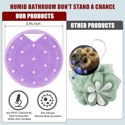 Silicone Body Scrubber -Anti Zinc Infused Exfoliating Body Scrubber | Anti Slip Silicone Loofah,Stiff & Soft Bristles for Cellulite Reduction,Blood Circulation- Purple - color: Purple