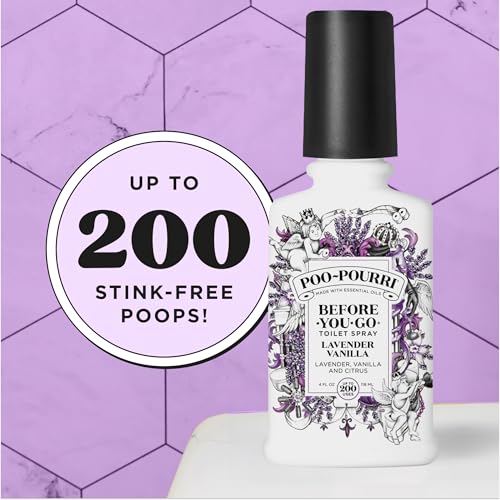 Poo-Pourri Before-You-Go Toilet Spray, Lavender Vanilla, 4 Fl Oz, Up to 200 Uses, Bathroom Odor Deodorizer, Plant-Based with Essential Oils, for Home or Work, Lavender, Vanilla and Citrus Scent - size: 4 Fl Oz (Pack of 1)