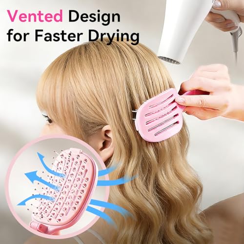Self Cleaning Hair Brush, Curved Vented Detangler Brush for Faster Blow Drying, Anti-Breakage Wet & Dry Hair Brush for Women Men Kids, All Hair Types, Folding Travel Brush, Pink - color: Pink