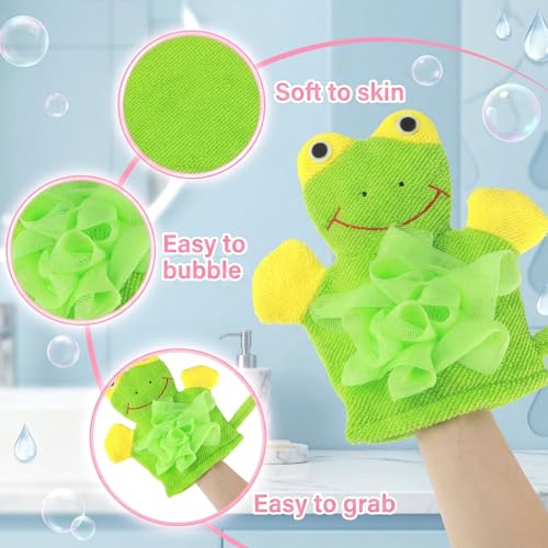 Cute Bath Gloves Loofah - 2 PCS Kids Animal Bath Gloves Body Scrubber, Double-Side Exfoliating Shower Sponges, Washcloths Mitts for Gentle Soft and Easy to Lather (Bear Frog)