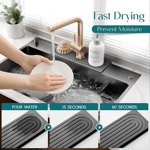 eormoe Faucet Mat for Kitchen Sink - Wider Diatomite Fast Drying Stone Sink Tray, Super Absorbent, Prevents Moisture Buildup - Faucet Splash Guard for Bathroom Counter (Dark Grey, 15x5.3inch) - color: Dark Gray, size: 15" x 5.3"