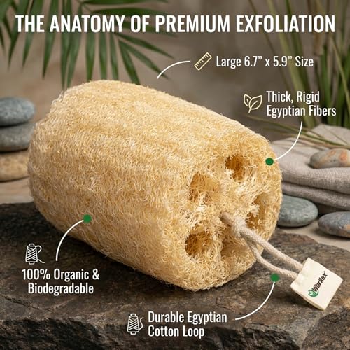 Waritex Organic Egyptian Loofah Sponges Exfoliating Scrubber Bath [2 Pack] | Natural Loofah Fiber for Gentle Skin Exfoliation, Deep Cleansing Full Body Spa Experience, Smooth Radiant Skin Care
