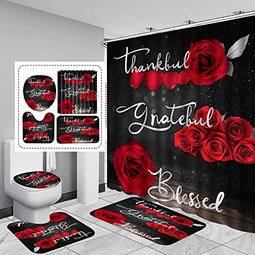 4Pcs Red Rose Shower Curtain Sets, Thankful Grateful Blessed Bathroom Curtain with Non-Slip Rug, Toilet Lid Cover, Bath Mat and 12 Hooks, Romantic Showy Floral Wedding Decor for Bath, 72 x 72 inch - color: Red