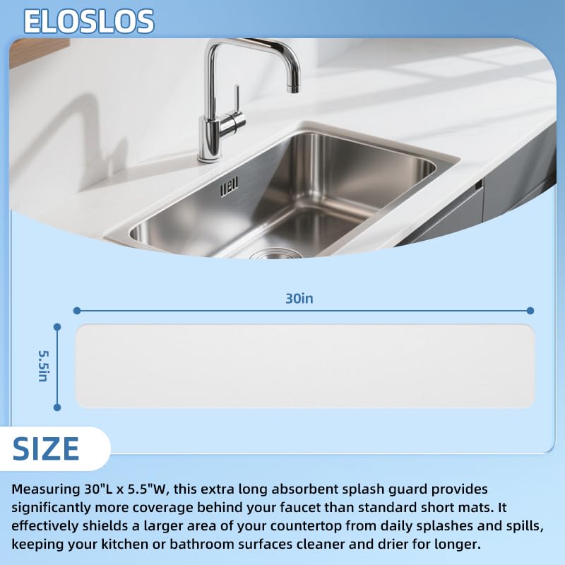 30"L x 5.5"W Customizable Sink Faucet Mat for Kitchen Sink 2 Holes & 3 Holes, DIY Cut for Oval/Rectangle/Square Faucets, Extra Long Quick-Drying Absorbent Splash Guard Counter Protector, White - style: 1 Pcs White