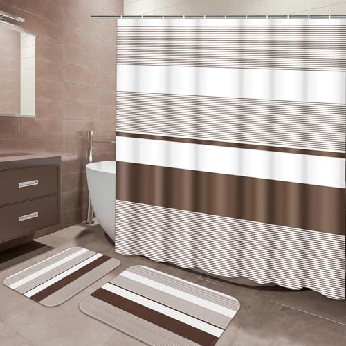 ArtSocket Brown Striped Bathroom Set with Shower Curtain and Bath Rugs and Accessories,Boho Modern Non-Slip Shower Curtain Set,Bathroom Decor 3 Pcs - color: Brown Striped