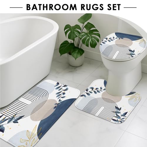 Boho Blue Mid Century Shower Curtain Set with Toilet Lid Cover and Non-Slip Rugs, Abstract Bohemian Gold Leaves Plant 4 Pcs Modern Minimalist Shower Curtain for Bathroom Set with 12 Hooks - color: Leaf Blue