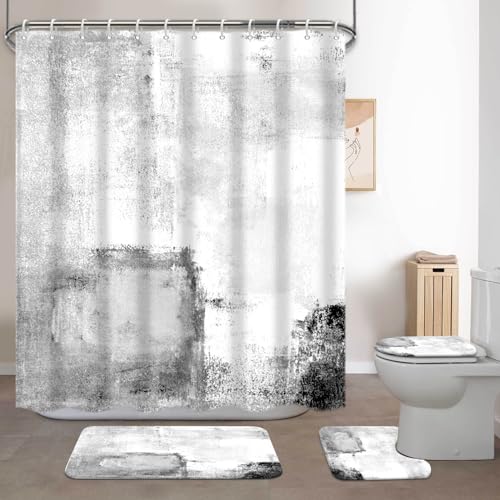 Lnond 4Pcs Bathroom Shower Curtain Sets with Rugs,White Black Painting Art Bathroom Sets with Shower Curtain and Rugs and Accessories - color: Grey White Black Abstract-01