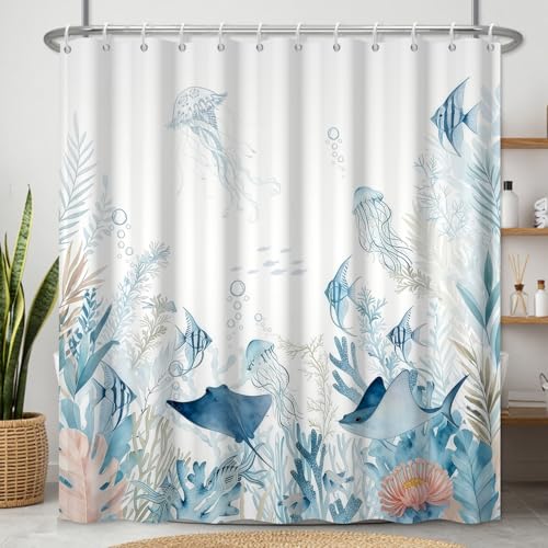 Fabric Shower Curtain with Hooks, Waterproof & Washable Polyester, Ocean Turtle Octopus Fish Shower Curtains for Bathroom, Summer Underwater Animal Coastal Beach Bathroom Curtain, 71x74 Inch - color: Blue Ocean Whisper