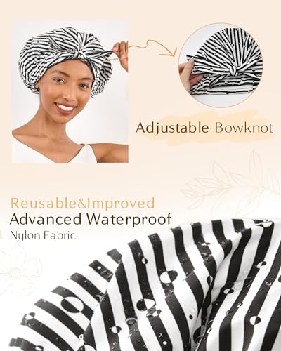 Yanibest Shower Cap for Women Reusable Waterproof, Adjustable Non-Slip Shower Hair Cap, Washable Bath Hat - color: Stripe