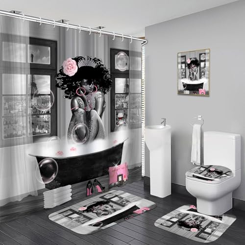 5Pcs Black Girl Shower Curtain Set with Decorative Painting, African American Wall Painting Bathroom Sets with Shower Curtain and Rugs, Trendy Women’s Bathroom Pictures for Wall Art Decor - color: 5pcs Grey With Decor Painting