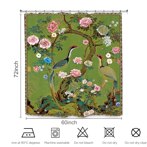 Vintage Flower Shower Curtain 60Wx72L Inch Crane Peony Vintage Retro Chinese Plant Botanical Green Blossom Japanese Art Bathroom Set Accessories Decor with 12 Pack Hooks - color: Green Art, size: 60"W x 72"L (Pack of 1)