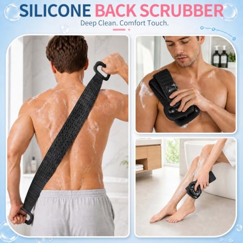 Manmihealth Silicone Back Scrubber for Shower, 36'' Extendable Back Washer with Long Strap Handle, Dual-Sided Silicone Body Brush for Men and Women(Black) - color: Black