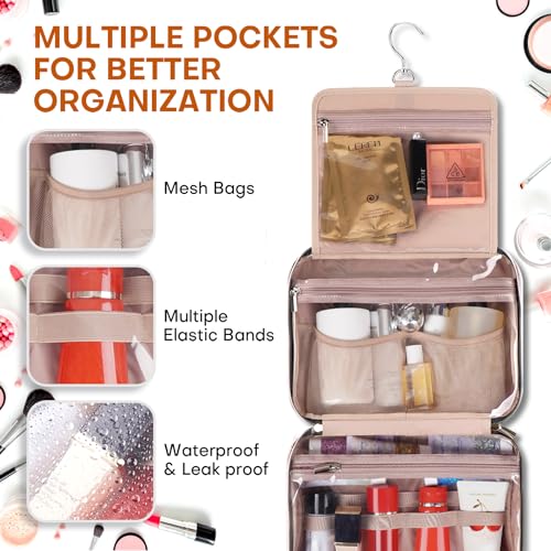 Hanging Toiletry Bag for Women Travel, 2 Sizes Large & Small Waterproof Cosmetic Organizer with 4 Compartments, Rotating Hook, Foldable Pink Travel Bag for Toiletries & Makeup - Large Pink - color: Pink, size: Large