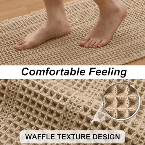 JIUZHEN Set of 2 Waffle Bath Mat Super Absorbent Bath Mats Machine Washable Waffle Rugs for Bathroom Floor Non Slip Dry Fast Bathroom Rugs for Beside Tub, 16" x 24" +20" x 32", Strip-Brown - color: Strip-brown, size: 16"x24" + 20"x32"