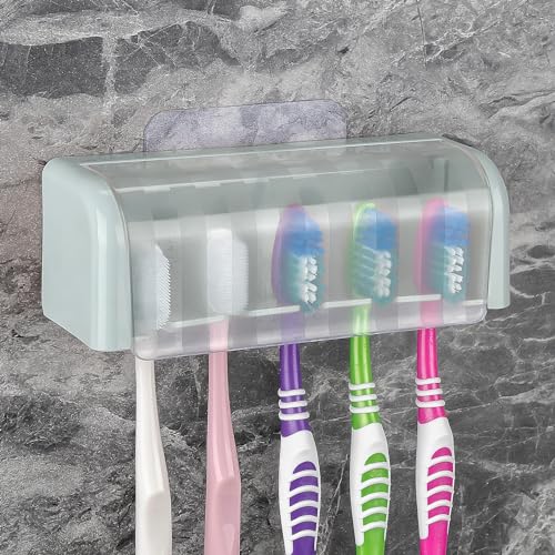 Toothbrush Holder Wall Mounted with Cover for Bathroom, 5 Slots Toothbrush Storage Organizer for Shower, Self Adhesive Toothbrush Hanger Rack for Dorm, Cabinet(Blue) - color: Blue