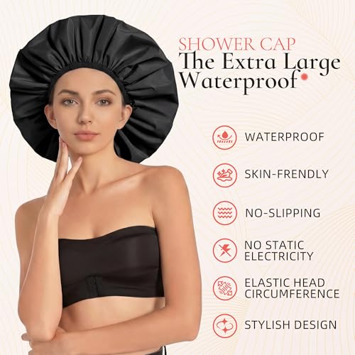Extra Large Shower Cap for Women, Reusable Waterproof Shower Bonnet with Satin Lining, Double Layer Washable Bath Hair Cap for Braids, Locs, Long Thick Curly Hair, Natural Hair(Big Black) - color: Black