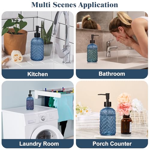 1 Pack 14oz Glass Soap Dispenser with Plastic Pump, Diamond Design Refillable Hand Soap Dispenser for Hand Wash, Bathroom and Kitchen - color: Blue